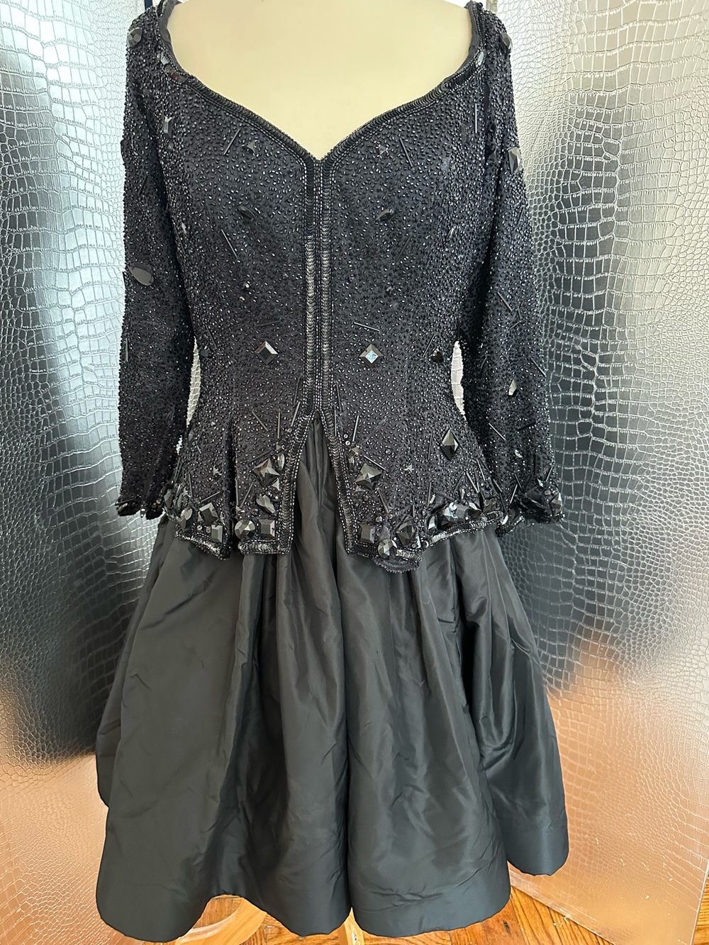 Oleg Cassini Vintage Spectacular 80s 90s Black Beaded Peplum Cocktail Dress
